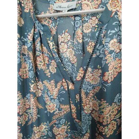 Meera Lane Woman 5X Blouse Semi Sheer Floral V Neck Pullover Flowy Roll Tab - Picture 4 of 10